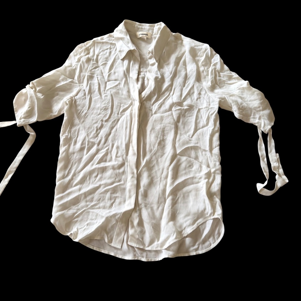 L'AGENCE Ivory Silk Short Sleeve Tie Cuff Button Down Blouse XS